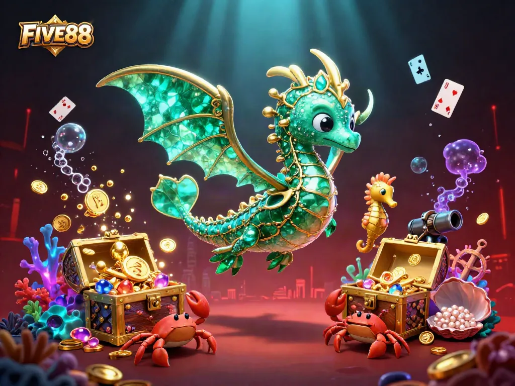 Experience thrilling gaming adventures with FIVE88 as the sea dragon guards treasures in this vibrant illustration.