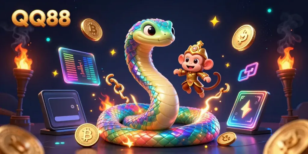 Engage with QQ88's vibrant casino world featuring iridescent serpent and monkey king amidst crypto elements.