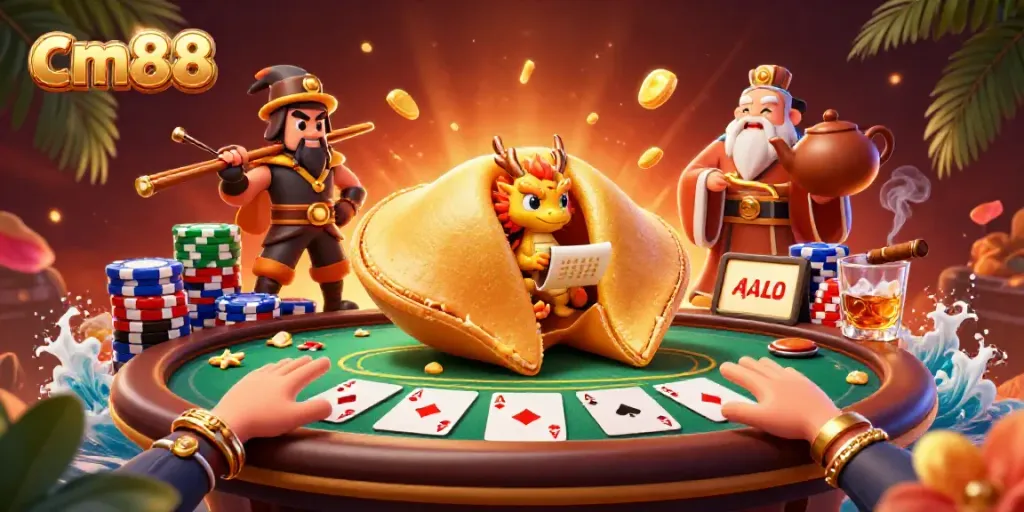 Engage with CM88's vibrant gaming atmosphere featuring a golden fortune cookie and poker elements.