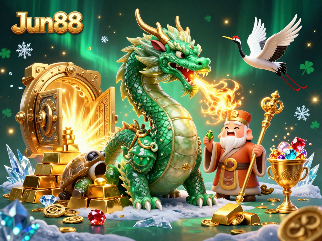 Experience the thrilling world of Jun88 with an emerald jade dragon and treasures.