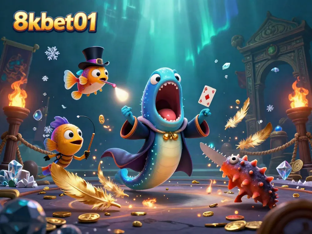 Experience exciting card tricks with 8kbet01's bioluminescent eel surrounded by dynamic casino elements.