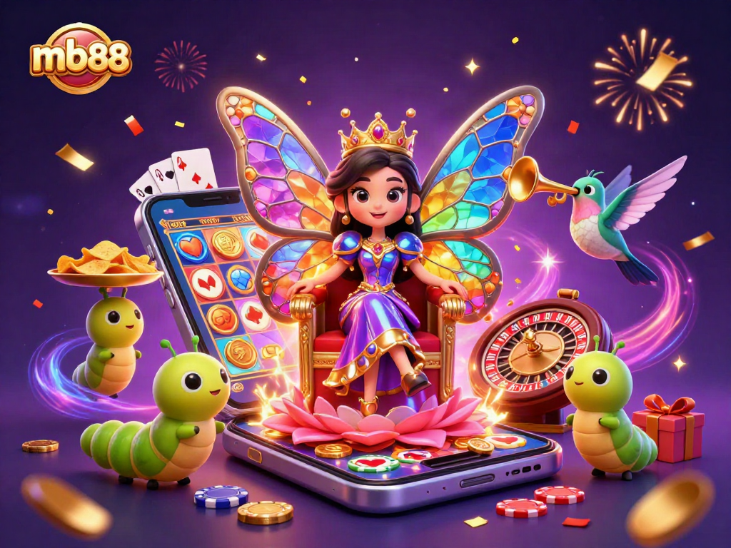 Engage with mb88 and witness the vibrant casino scene featuring a butterfly queen and playful elements.