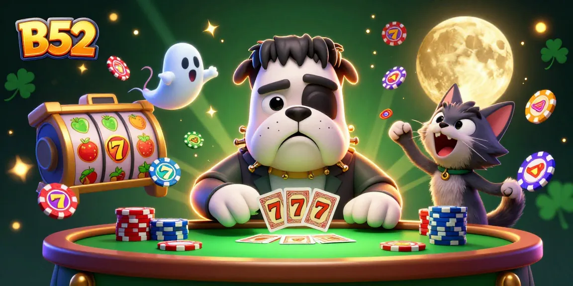 B52 interactive casino scene with a Frankenstein bulldog dealing cards while engaging players at slot reels.