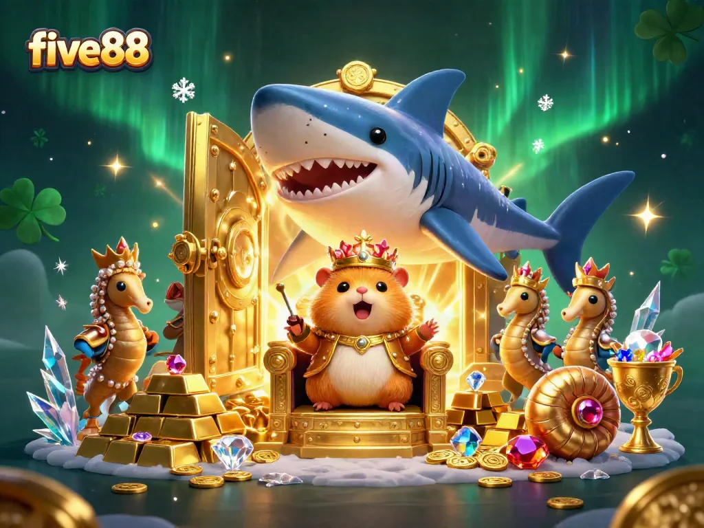 Experience the thrill of five88 with a golden hamster king surrounded by treasures and games