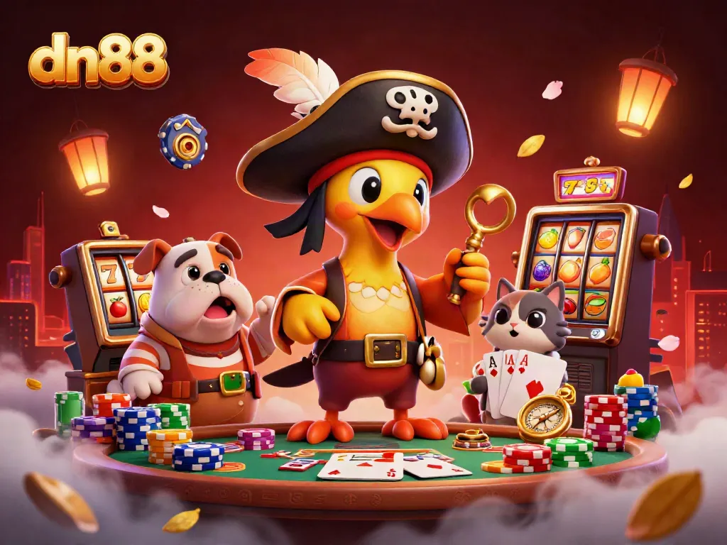 Experience thrilling dn88 gaming with a pirate captain and his crew at a vibrant casino scene.