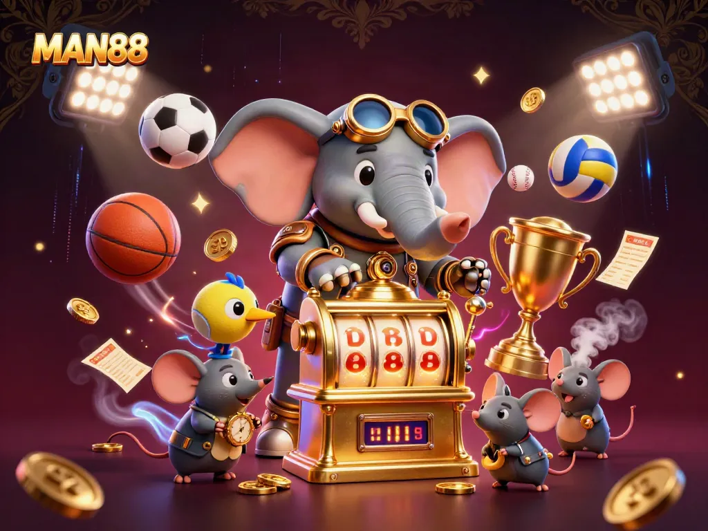 Engage with MAN88's vibrant casino scene showcasing steampunk elements and dynamic sports betting.