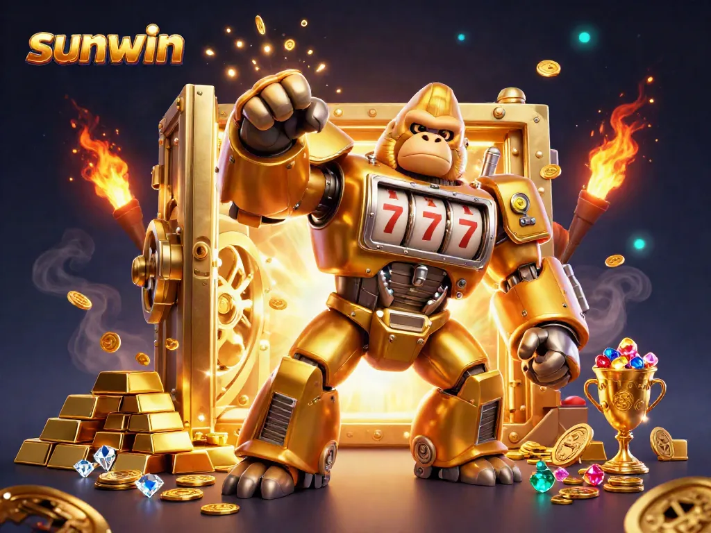 Engage with sunwin's exhilarating gaming world through an illustrated scene featuring a playful gorilla mech and treasure elements.