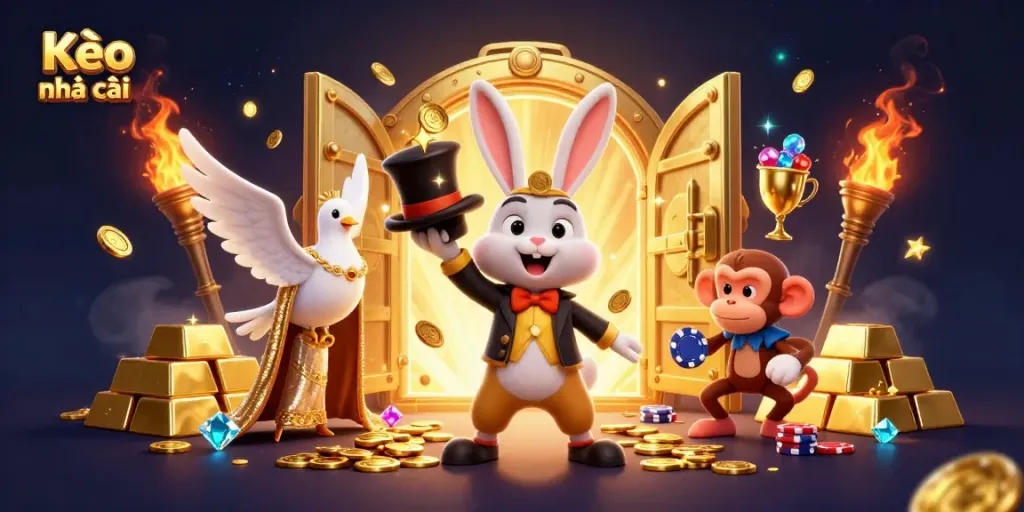 Engaging scene depicting Kèo nhà cái with a magician rabbit, dove, and monkey amidst casino treasures.