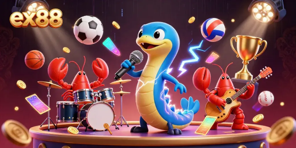 Experience the underwater casino excitement with ex88 as a DJ eel, lobster drummer, and seahorse guitarist perform energetically.