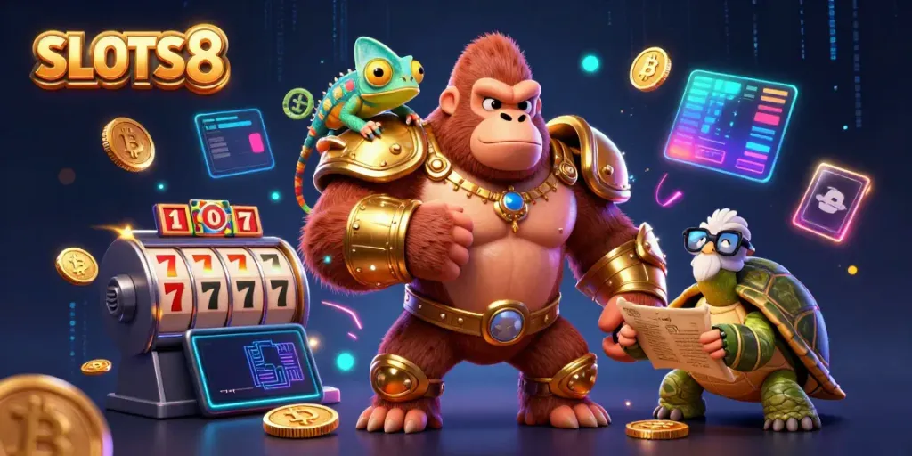 Experience the vibrant SLOTS8 world where a gorilla king and companions dominate the casino scene with winning strategies.
