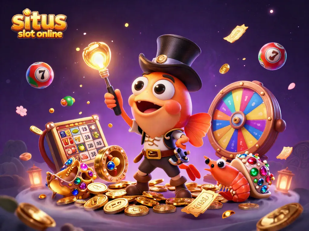 Spin the reels at situs slot online and watch vibrant coins rain down in a casino-themed 3D scene.