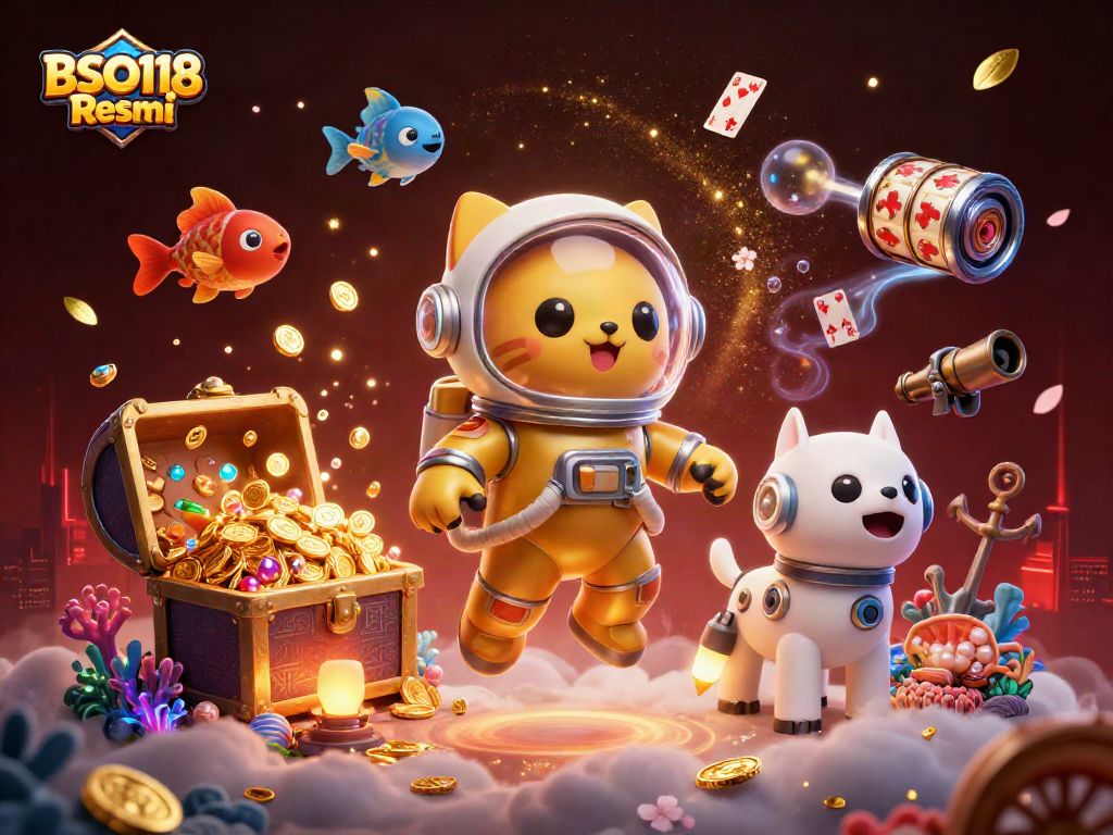 Engage with BSO118 Resmi in a vibrant 3D casino illustration featuring playful characters and rich gaming elements.