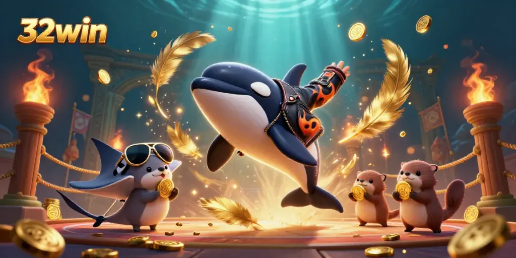 Engage in thrilling casino fun with 32win as an orca biker and otters share golden coins.