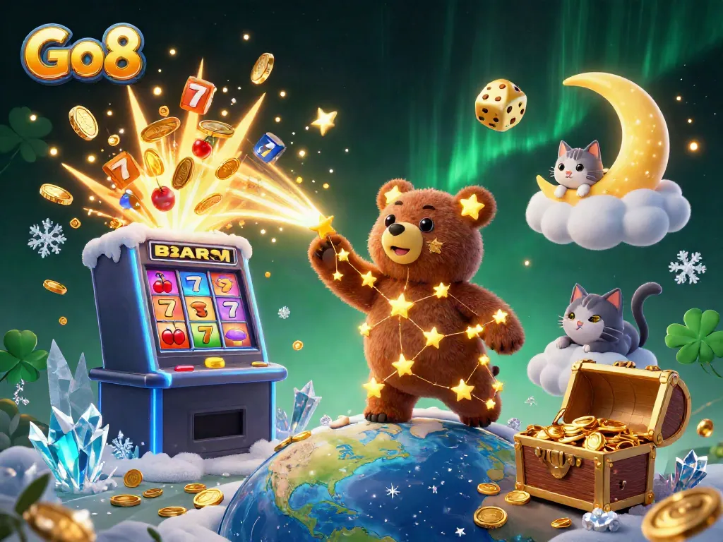 Experience the thrill of Go8 with a vibrant casino digital illustration, featuring a jackpot explosion and colorful characters.