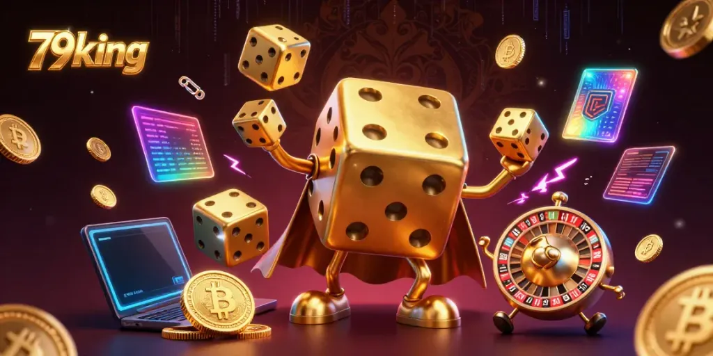 Experience the thrill of 79king's casino action with vibrant 3D elements and golden dice.