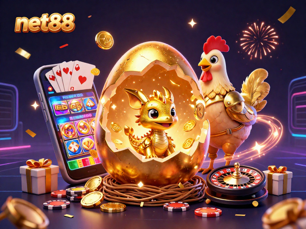 Experience the thrill of winning with net88's colorful casino scene featuring a golden dragon and gaming elements.
