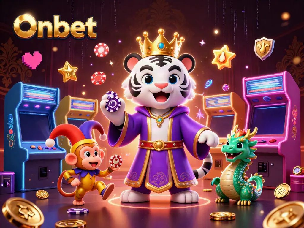 Experience Onbet's dynamic casino adventure with a colorful scene of animated characters and game elements.