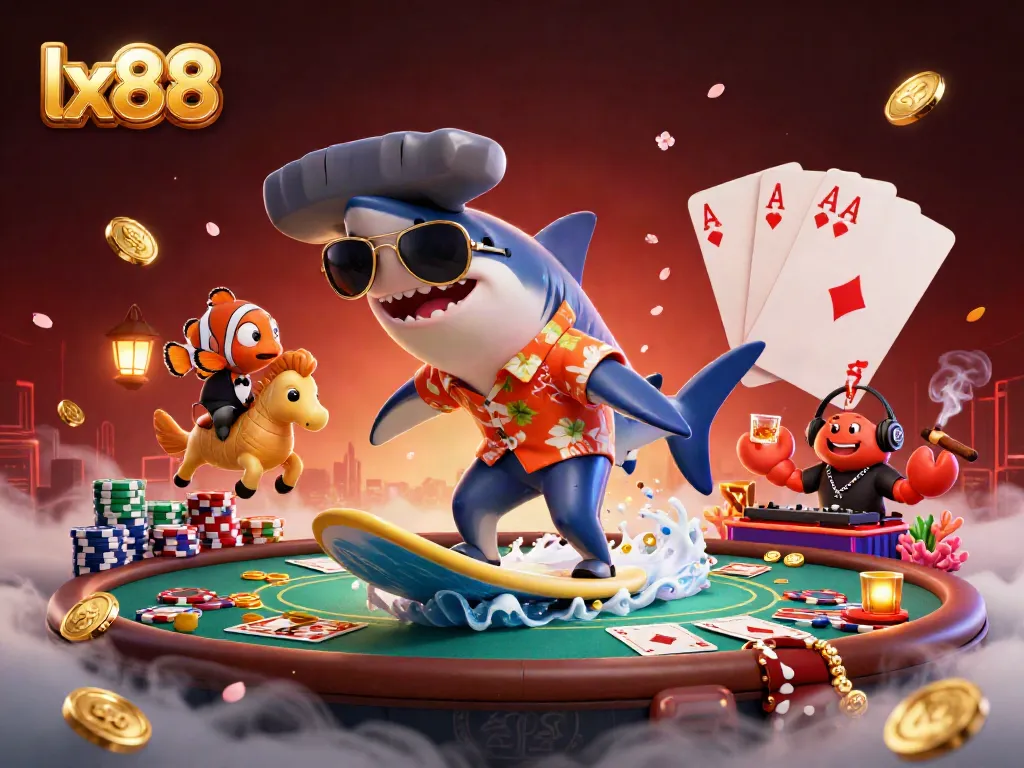 Engage with lx88 as the shark surfs gold coins amidst vibrant casino elements.