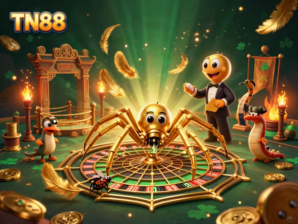 Experience the magic of TN88 with a golden spider and centipede croupier amidst a casino-themed scene.