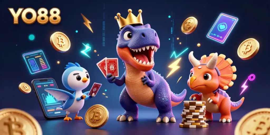 Engage with YO88 through this dynamic illustration featuring playful casino characters and vibrant gambling elements.