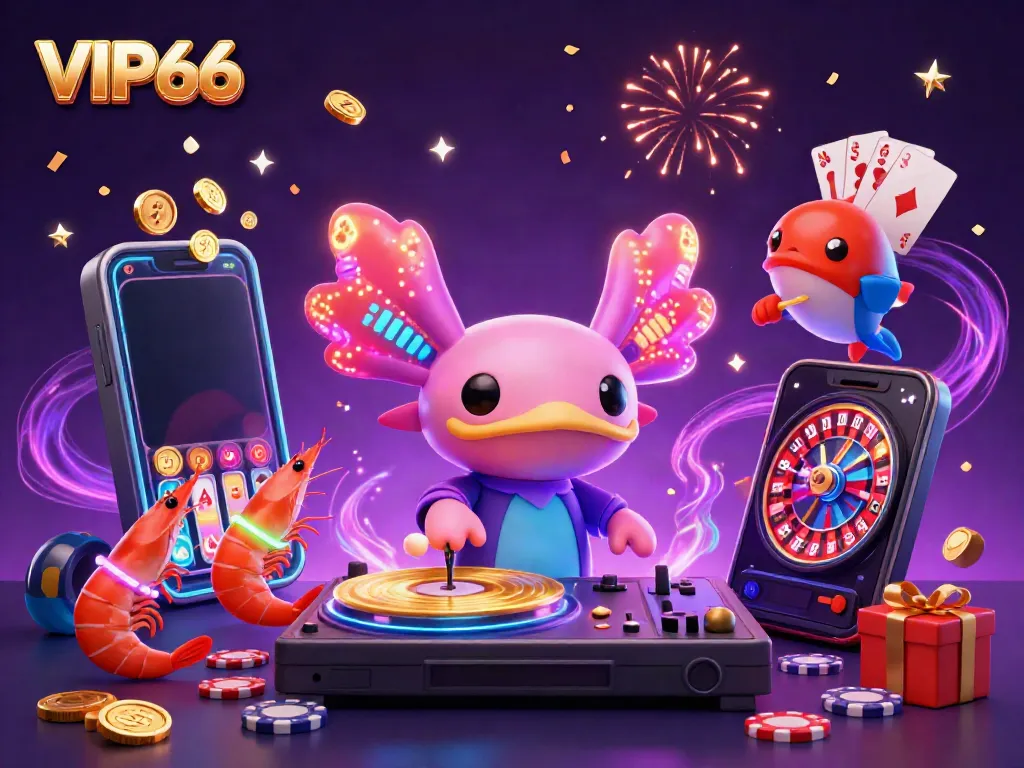 VIP66 Casino's dazzling underwater party with colorful gaming elements and energetic characters.