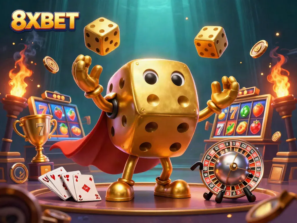 Engage in exciting gameplay with 8XBET's golden dice golem and vibrant slot reels.