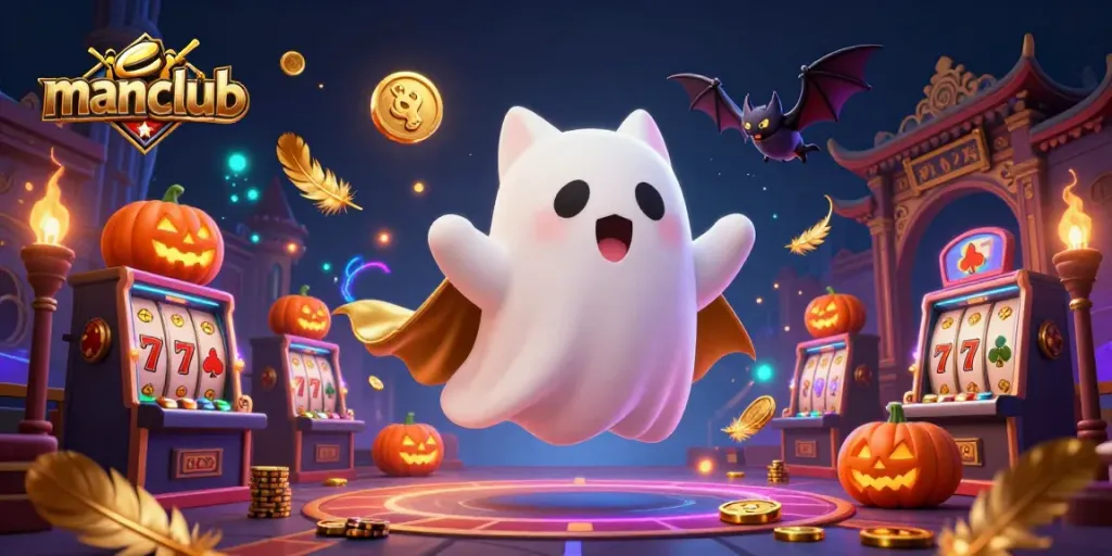 Experience thrilling gaming with manclub's lively ghost cat at a haunted casino.