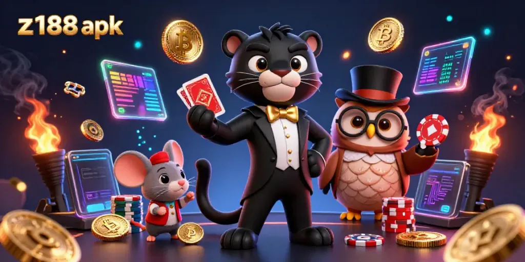 Experience thrilling gameplay with the z188 apk featuring a stylish panther dealer, owl, and lucky mouse in a vibrant casino scene.