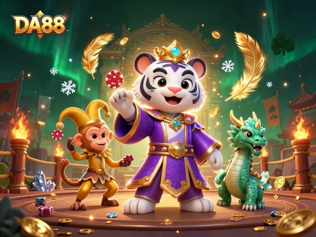 DA88 offers an exciting gaming experience with a tiger, monkey, and dragon in a vibrant casino illustration.