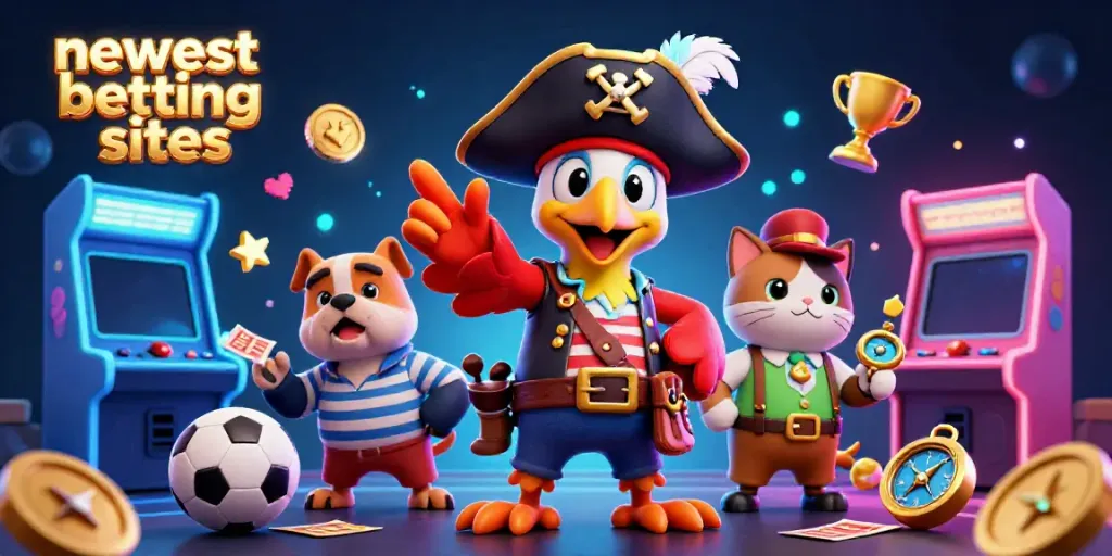 Dynamic scene showcasing the newest betting sites with a cheerful pirate captain, bulldog first mate, and cat navigator surrounded by sports-themed decorations.
