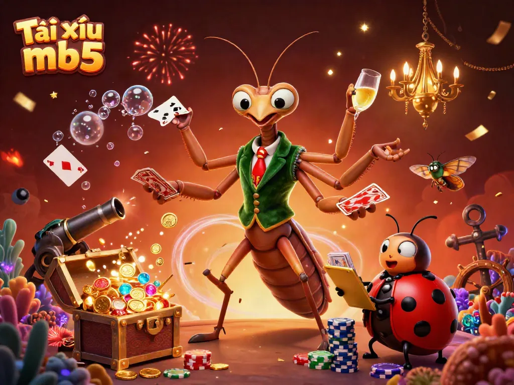Engage in the excitement of Tài xỉu mb5 with vibrant characters and festive decorations in an immersive casino setting.