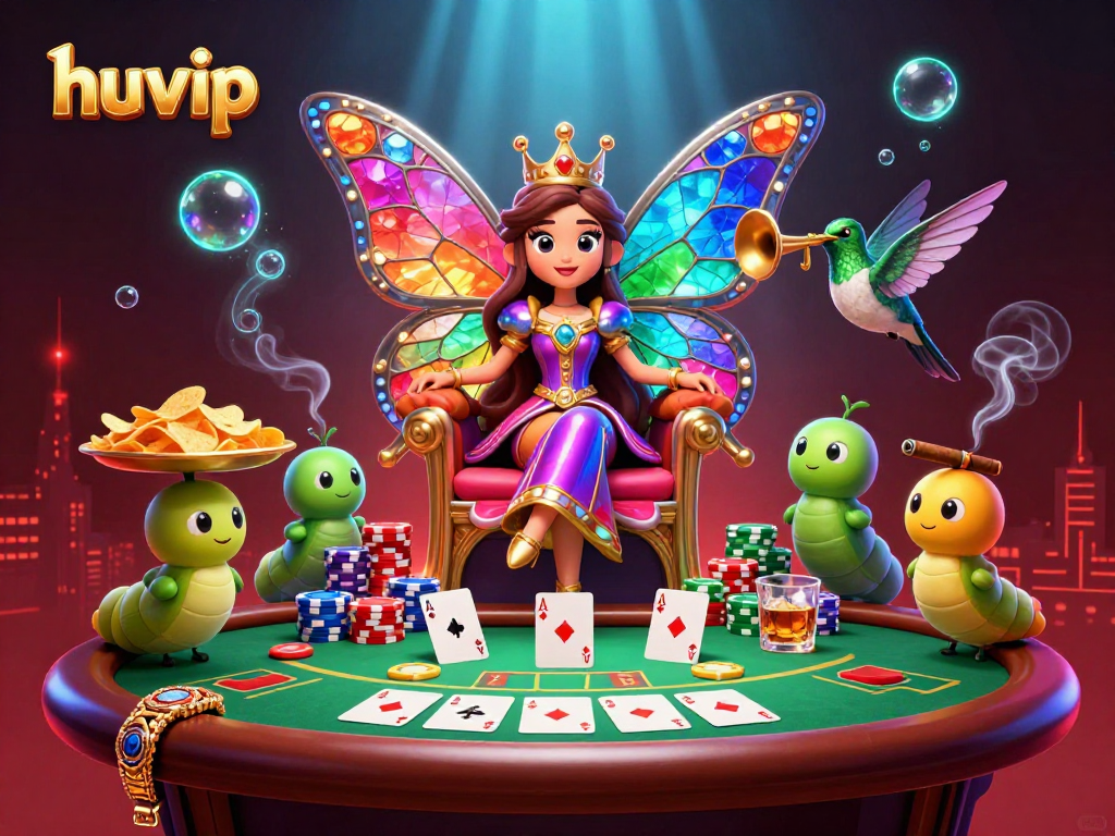 Engage in winning strategies at huvip with vibrant casino visuals featuring a butterfly queen and poker elements.