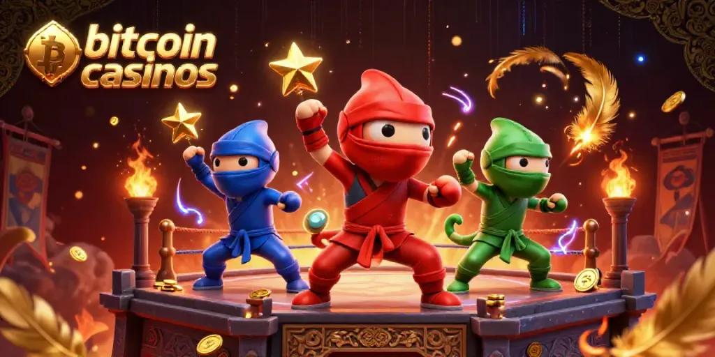 Experience the thrill of bitcoin casinos with a ninja chameleon team showcasing martial arts amidst vibrant casino elements.