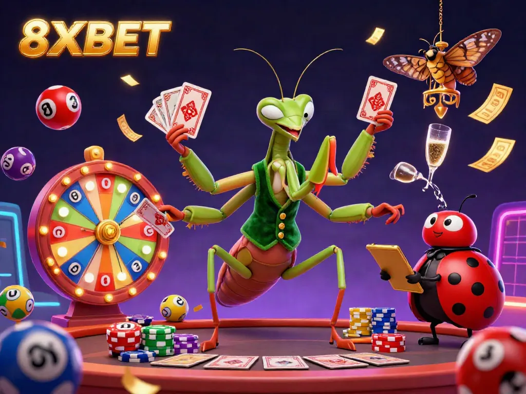 Experience the vibrant excitement of 8XBET with dynamic casino elements and playful characters in an engaging atmosphere.