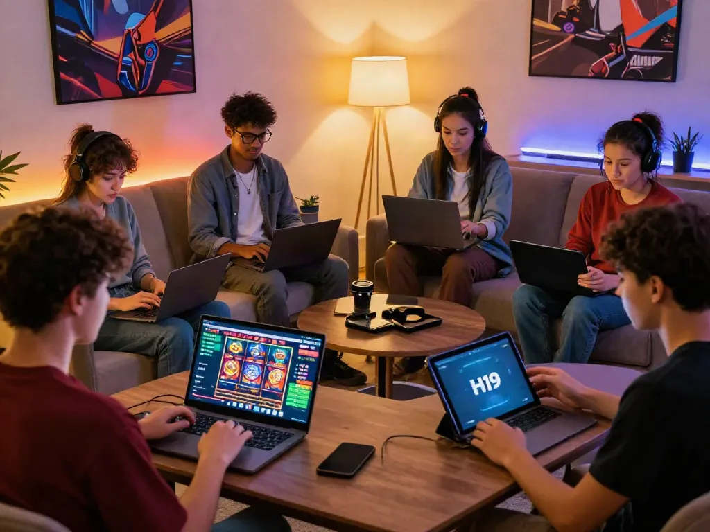 Exciting gaming experience on H19 trang chủ with diverse players in a vibrant living room.