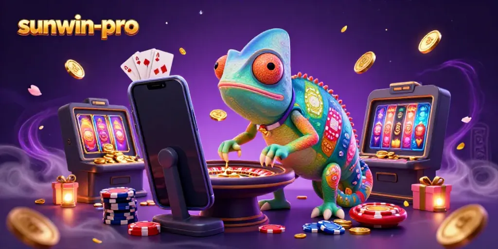 Experience excitement at sunwin-pro with a colorful casino scene featuring a chameleon owner and slot games.