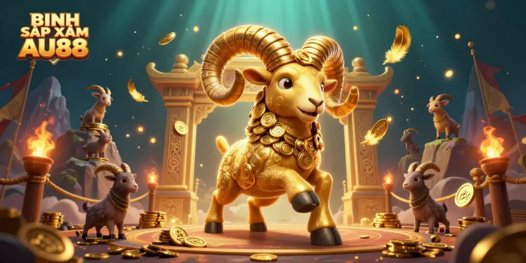 Engaging scene showcasing BINH SẬP XÁM AU88 with golden ram charging through a casino-themed backdrop.
