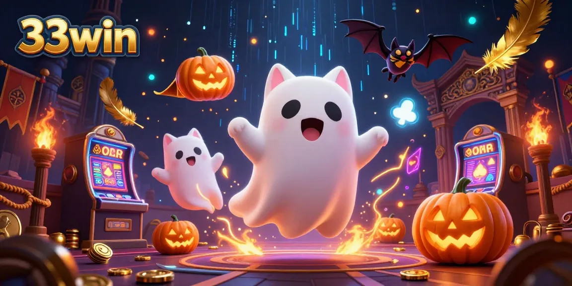 Experience thrilling wins with the 33win ghost cat in a vibrant haunted casino scene.