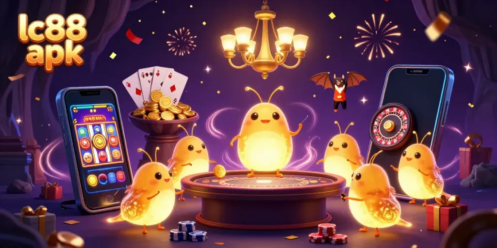 Engage with the exciting lc88 apk, showcasing a vibrant casino scene with glowing characters and magical effects.