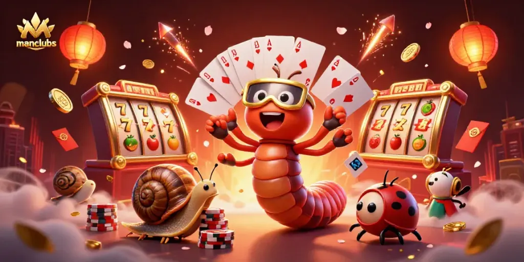 Engage with manclubs excitement through a vibrant scene of animated casino characters and themed elements.