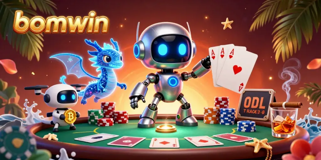 Experience the thrilling bomwin casino gaming with a dynamic 3D robot and vibrant poker elements.