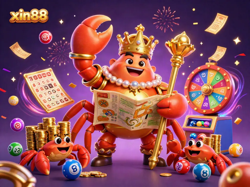 Experience the excitement at xin88 with a vibrant scene showcasing a golden crab emperor and lottery elements.
