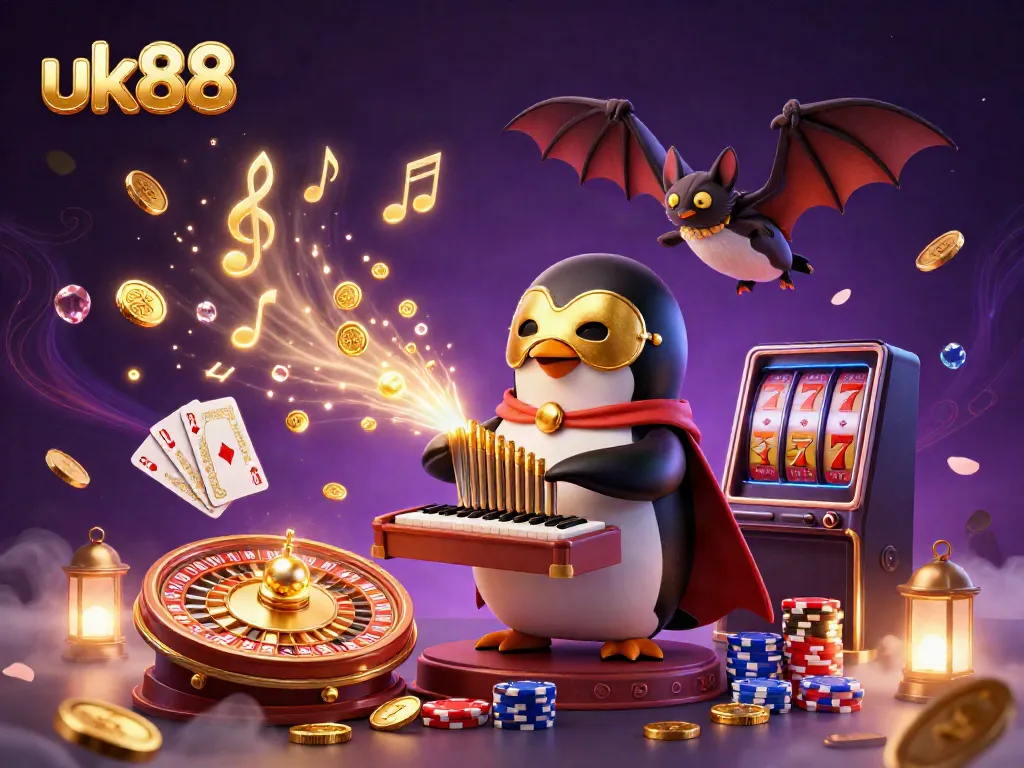 Engage with exciting games at uk88 as the whimsical penguin plays the organ amidst golden coins and casino symbols.