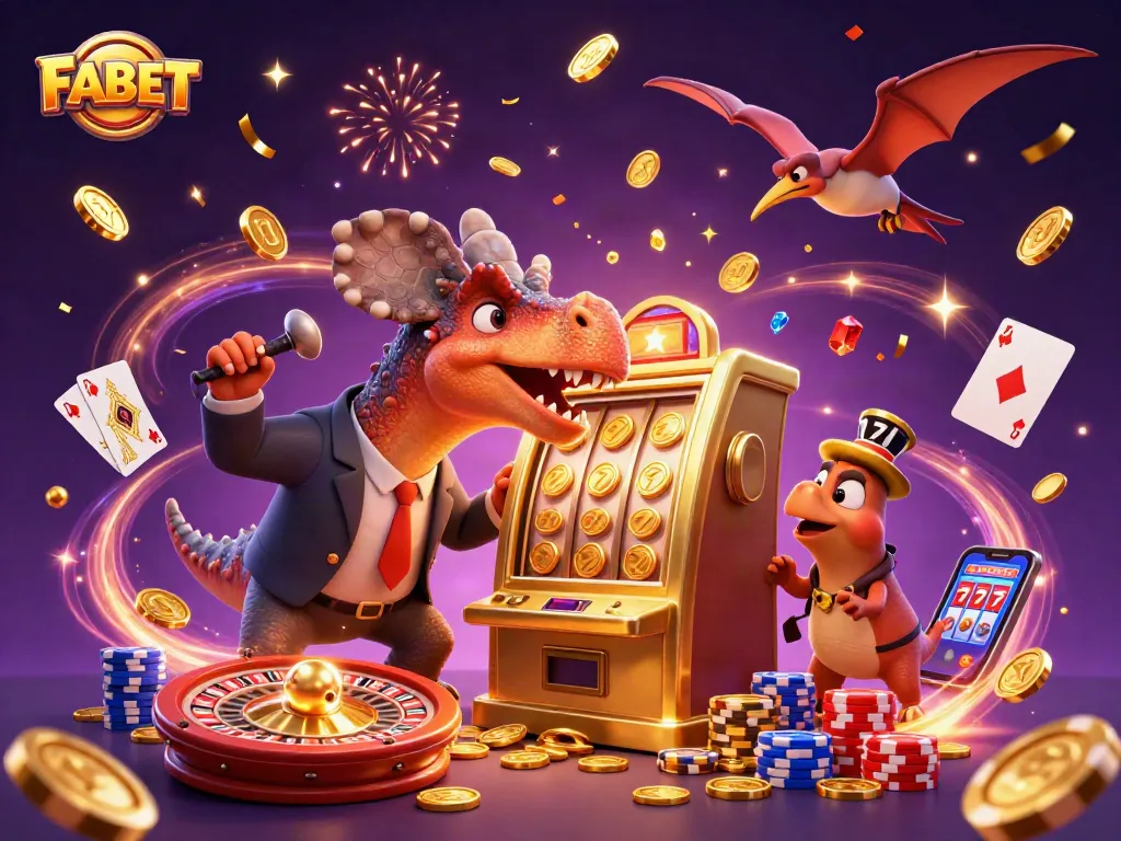 Experience the thrills at FABET with a vibrant scene of multiple creatures interacting with a slot machine and golden coins.
