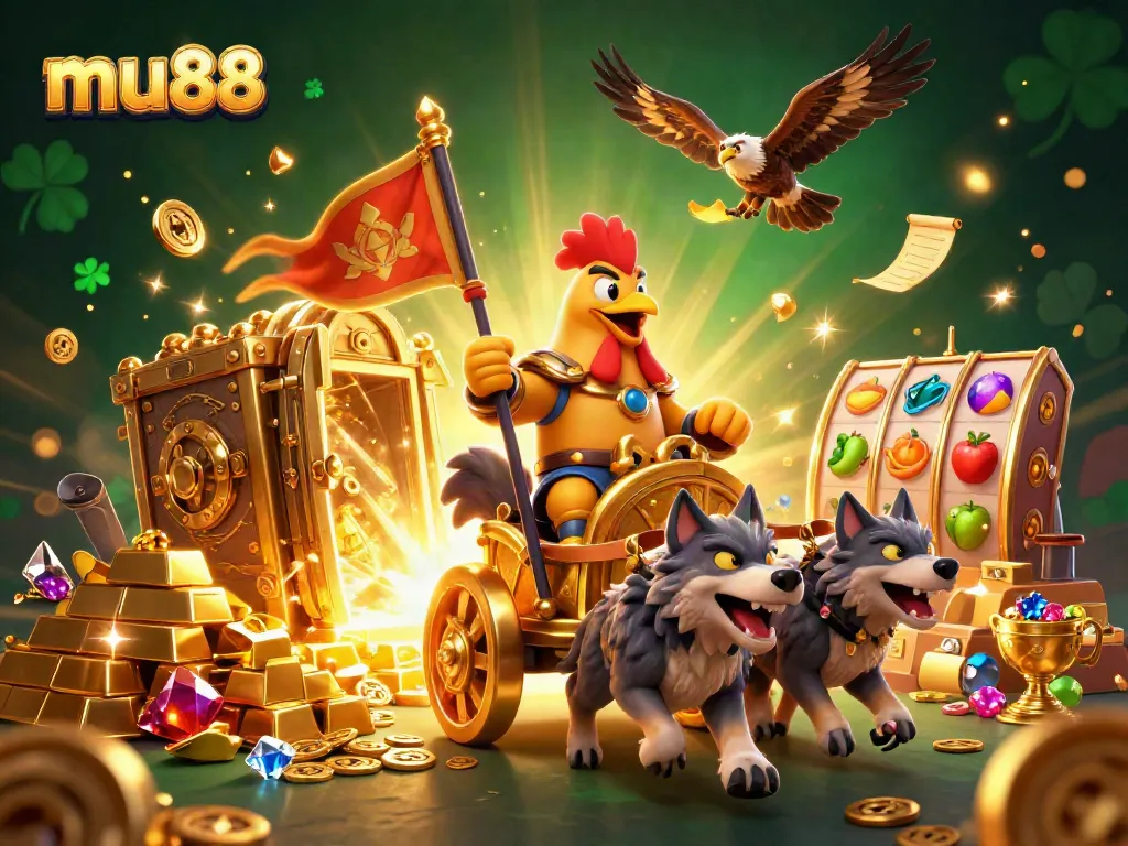 Engage in thrilling games at mu88 with dynamic elements, a rooster warlord, and golden treasures.