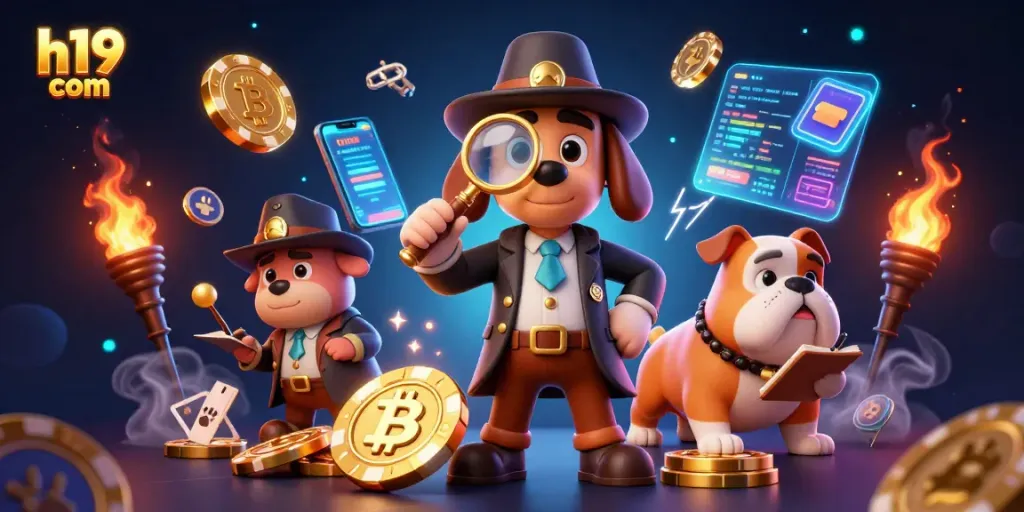 Examine winning strategies with h19 com in a vibrant 3D casino scene surrounded by crypto elements.