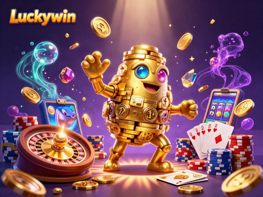 Experience exciting game wins at Luckywin with an ancient golden golem and vibrant casino elements.