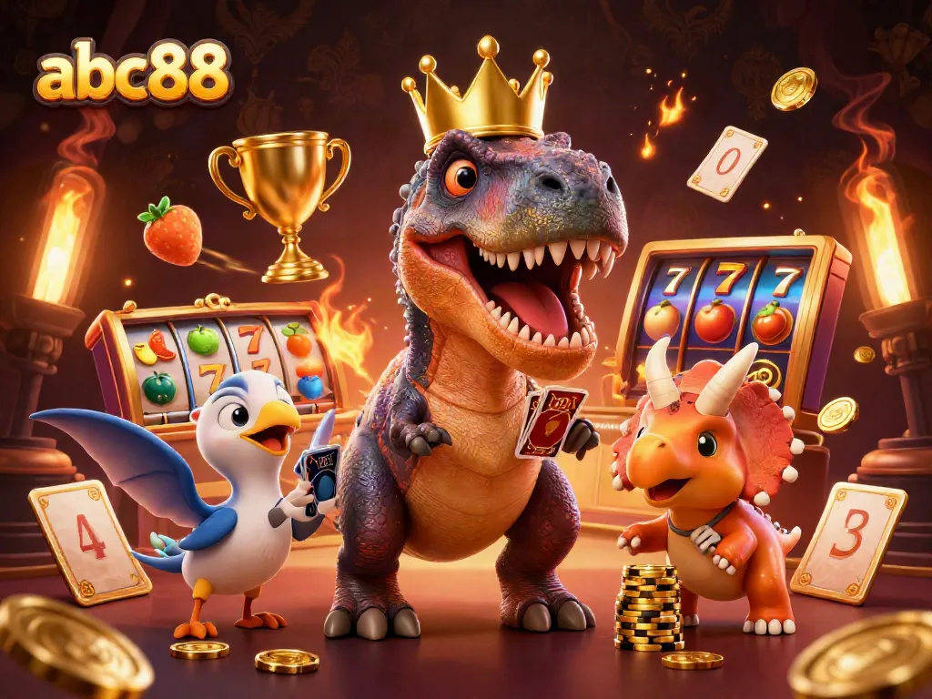 abc88 brings exciting gaming fun with cartoon dinosaurs at a lively casino setting, featuring vibrant slot elements.
