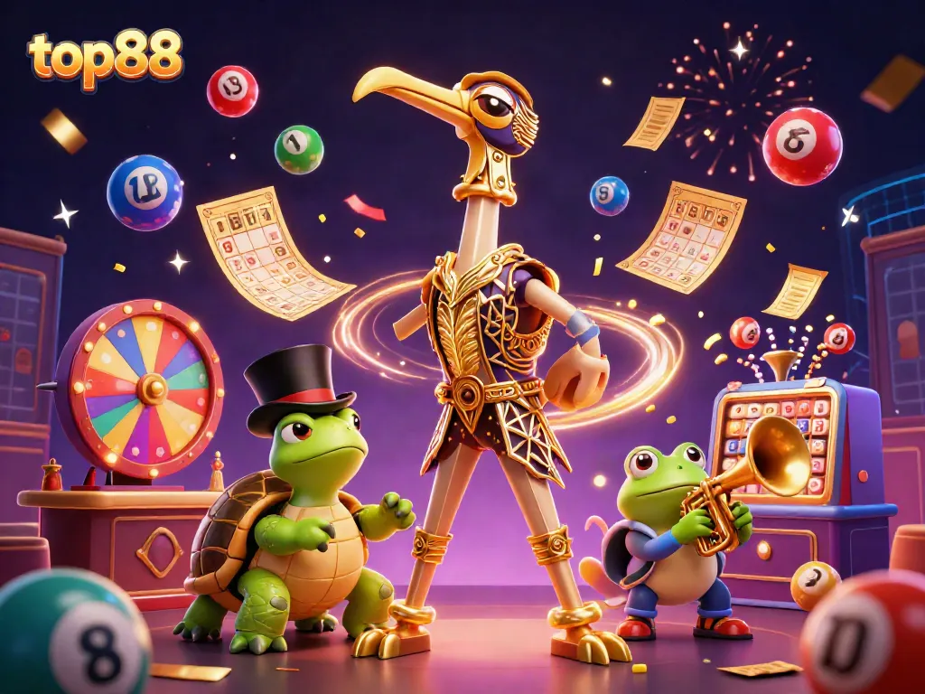 Experience high-energy gaming with top88's vibrant lottery scene, featuring dynamic elements and engaging characters.