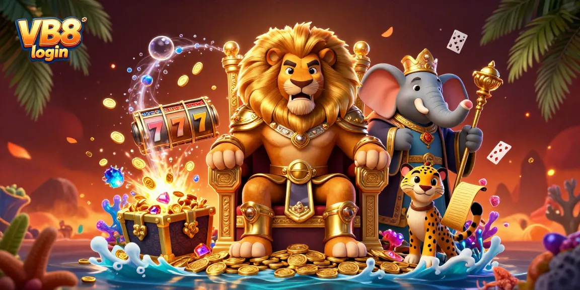 Experience thrilling gameplay with VB8 login, featuring a majestic lion king and vibrant casino elements.